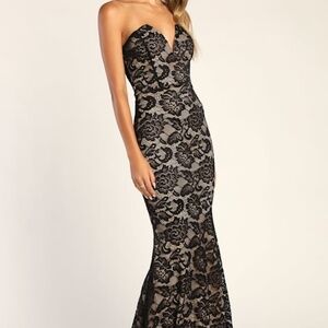 Lulus Sexy Sophistication Black Lace Strapless Trumpet Maxi Dress - Size L